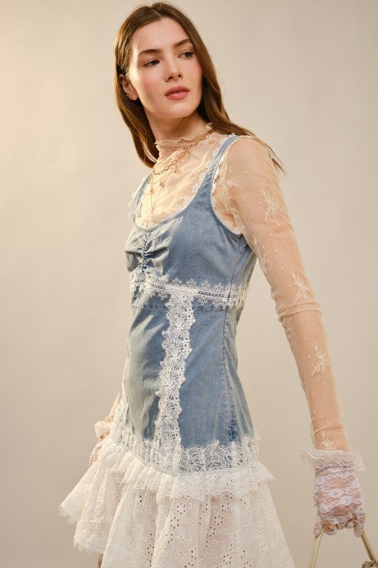 denim dress with lace trim Tie Front Denim Dress
